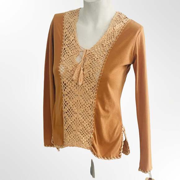 Unknown Tops - Vintage Long Sleeve Brown Knit Blouse with Crochet Lace Trim and Tassel Tie